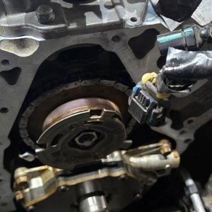 Engine front cover removed to access the timing gear and drive components