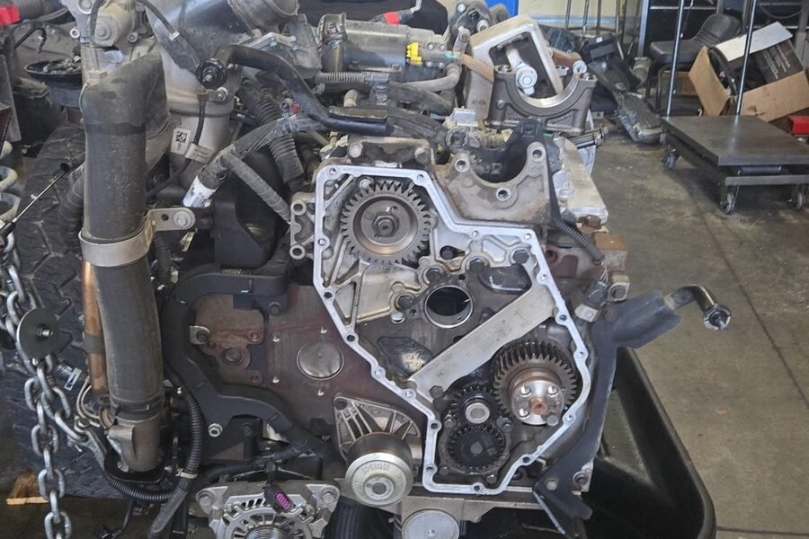 Diesel engine removed from the truck and opened up for internal repairs
